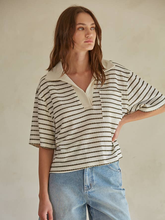 RJ3274 | Striped Collar V-Neck Short Sleeve Top for wholesale by By Together