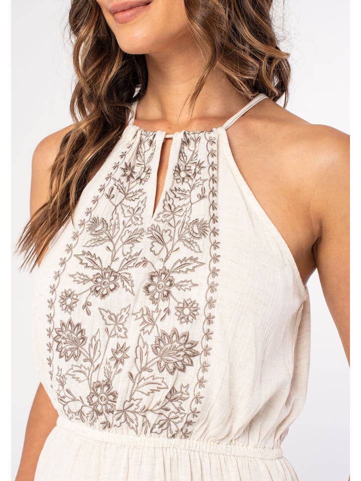 Lovestitch - Wholesale Dress - Women's - Linen Blend Embroidered Halter Tiered Maxi Dress5