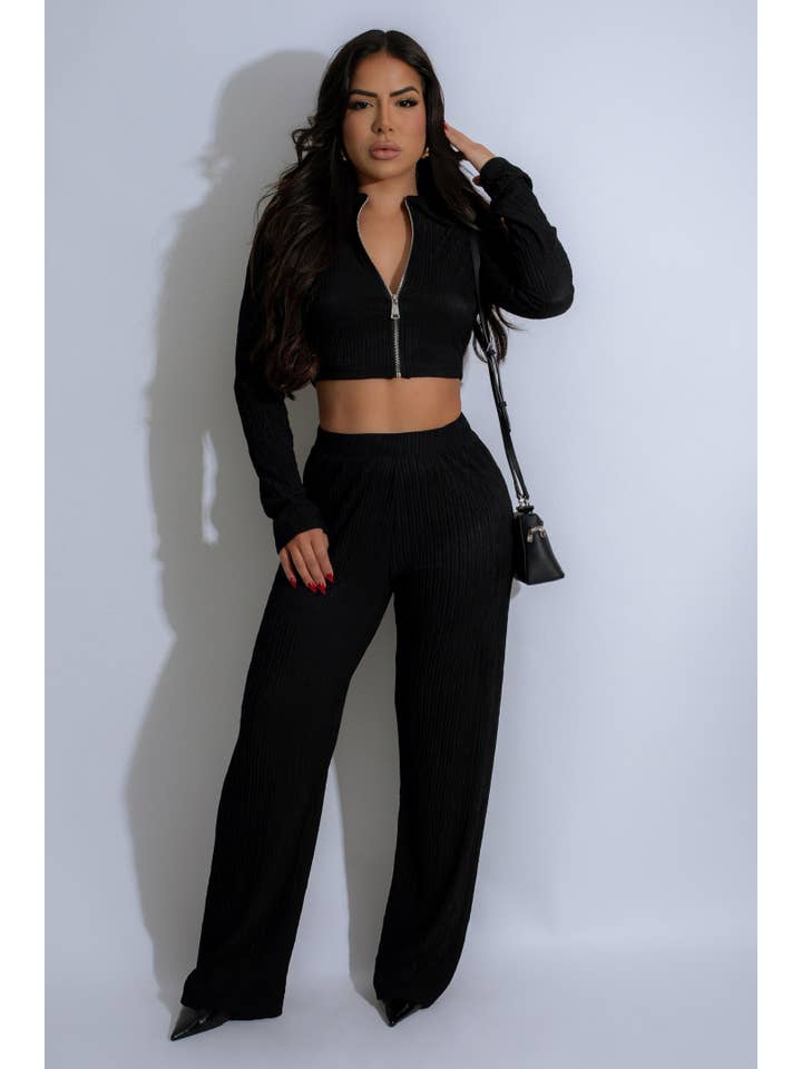 5besties inc - Wholesale Top & Pant Set (NOT Loungewear) - Women's - CRINKLED PLISSE ZIP UP LONG SLEEVE LOUNGEWEAR SET