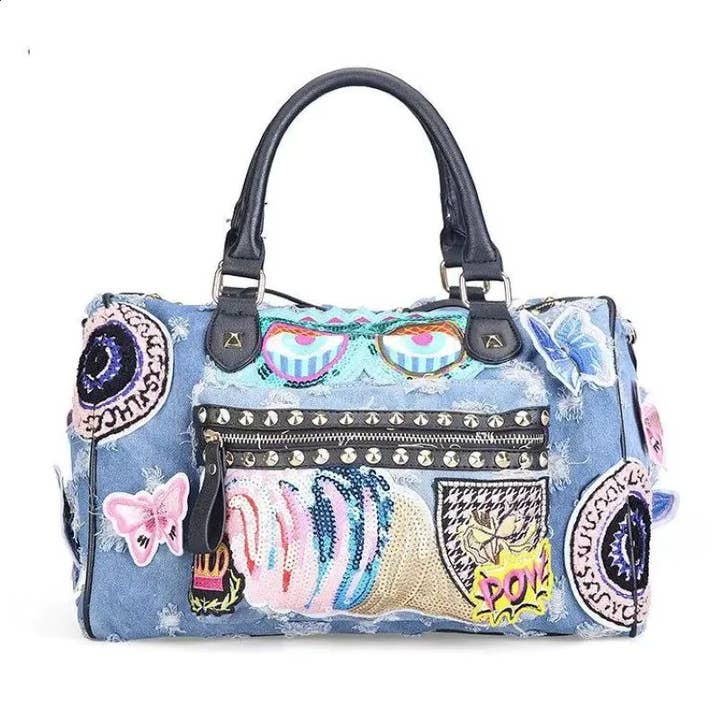 Mala de Retalhos de Ganga com Bolso com Fecho de Tachas por atacado de PEACH ACCESSORIES