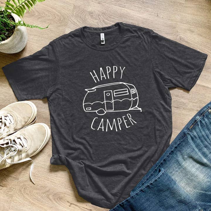 Moonlight Makers - Wholesale Screen Printed T-Shirt - Men's - Happy Camper - Men's Tee - Vintage, Airstream, RV