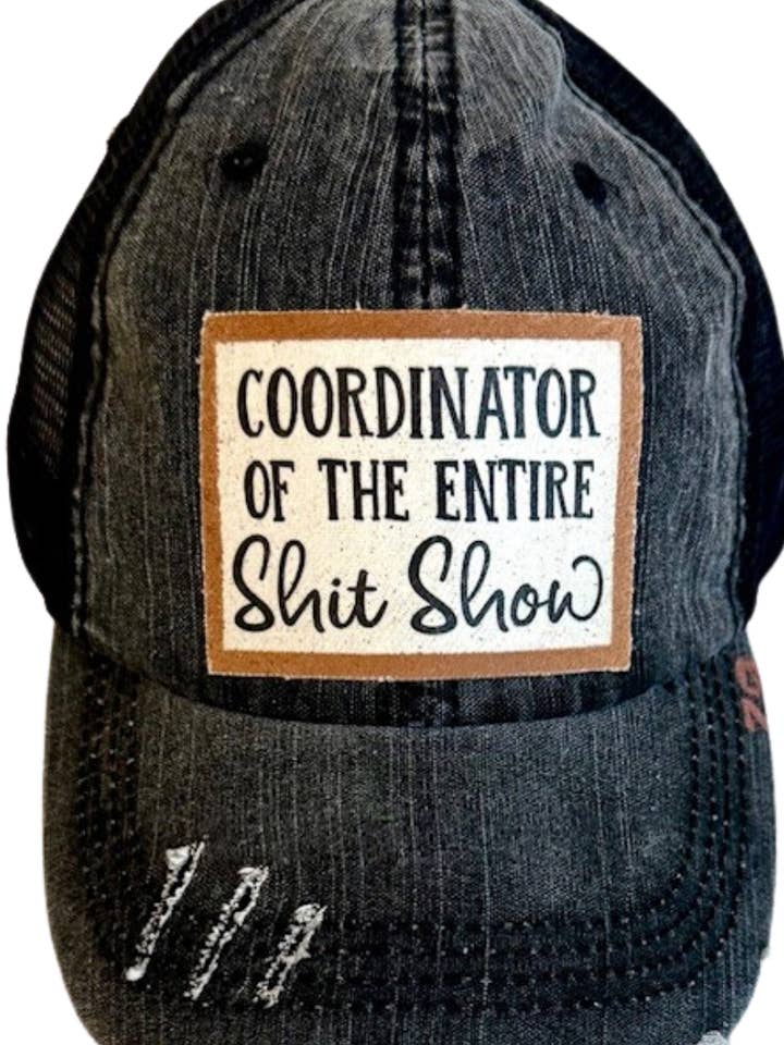 (79)COORDINATORE DELL'INTERO SPETTACOLO DI MERDA DISTRESS TRUCKER HAT per la vendita all'ingrosso da parte di Jana's Flannels