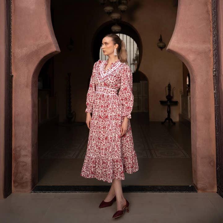 Midi Kjole | Pink | Håndbloktryk Kjole | Mia Kjole for engroshandel hos Echo of Pink