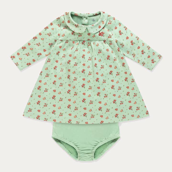 Baby Dress, Floral Cotton Baby Girl Dress Set, Pistachio Green for wholesale on Faire