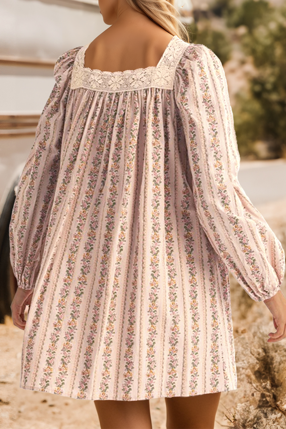 Khaki Velvet Bow Front Floral Print Long Sleeve Short Dress for wholesale on Faire1