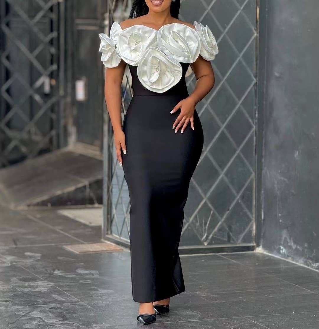 Productseeker – wholesale Klänning - Dam – DR0190 Elegant blommig bandageklänning - svartvitt1