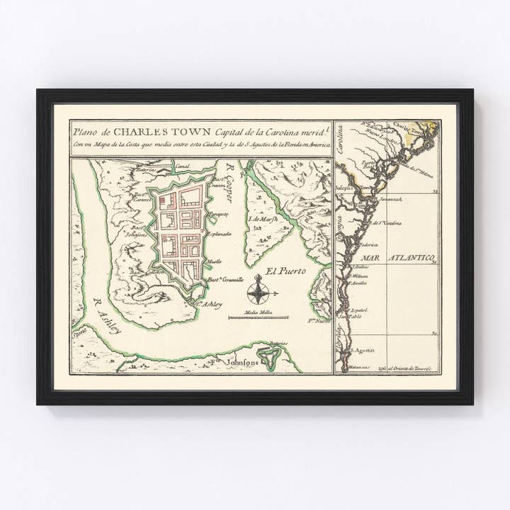 Vintage Map of Charleston, South Carolina 1753 for wholesale by Ted's Vintage Art