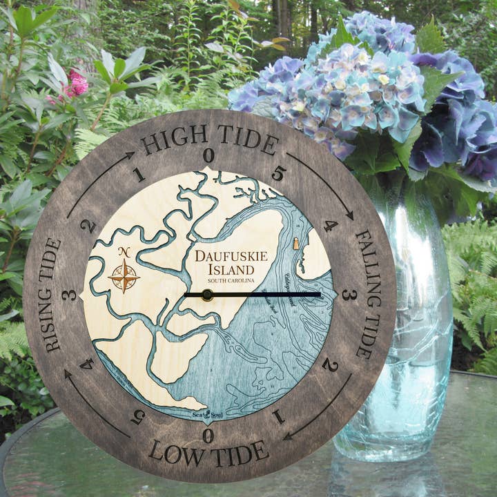 Daufuskie Island Tide Clock Nautical Wood Map - 2 Sizes for wholesale by Sea & Soul Nautical Chart Art
