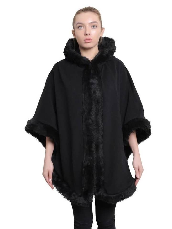 Womens Wool & Cashmere Blend Fur Lined Hooded Cape for wholesale by De La Creme Fashions