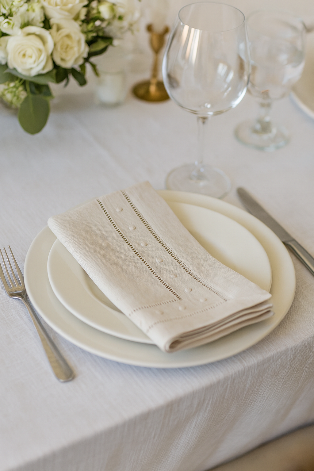 Fennco Styles - Wholesale Dinner & Cloth Napkin - Beige Swiss Dot Hemstitch Linen Blend Cloth Napkin2