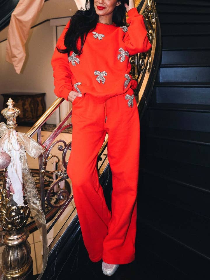 Red Christmas Sequin Bow Sweatshirt And Pants Set for wholesale on Faire