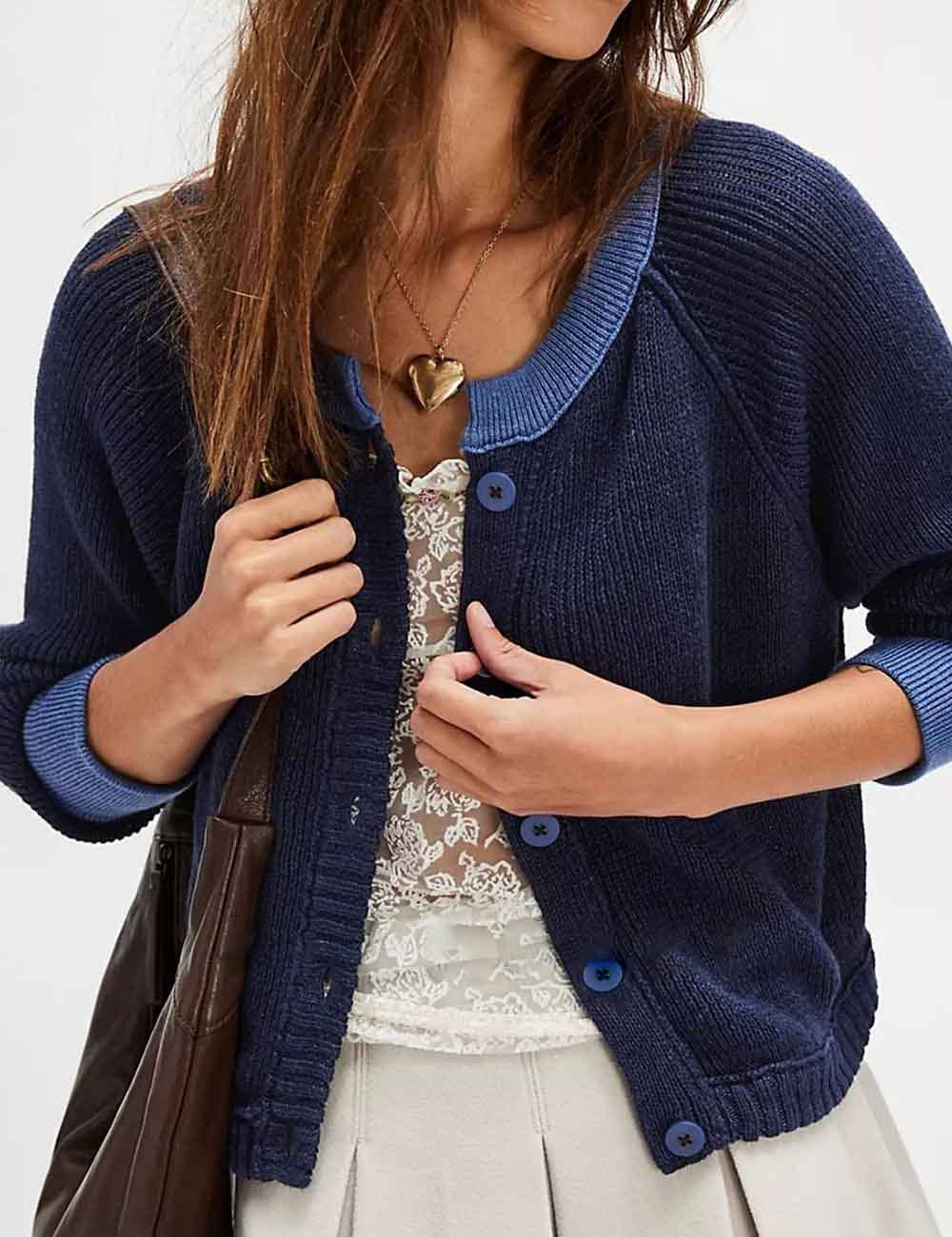 Sweetkama - Vente Cardigan – femme - Gilet à manches longues avec boutons, col rond et blocs de couleur pour femmes6