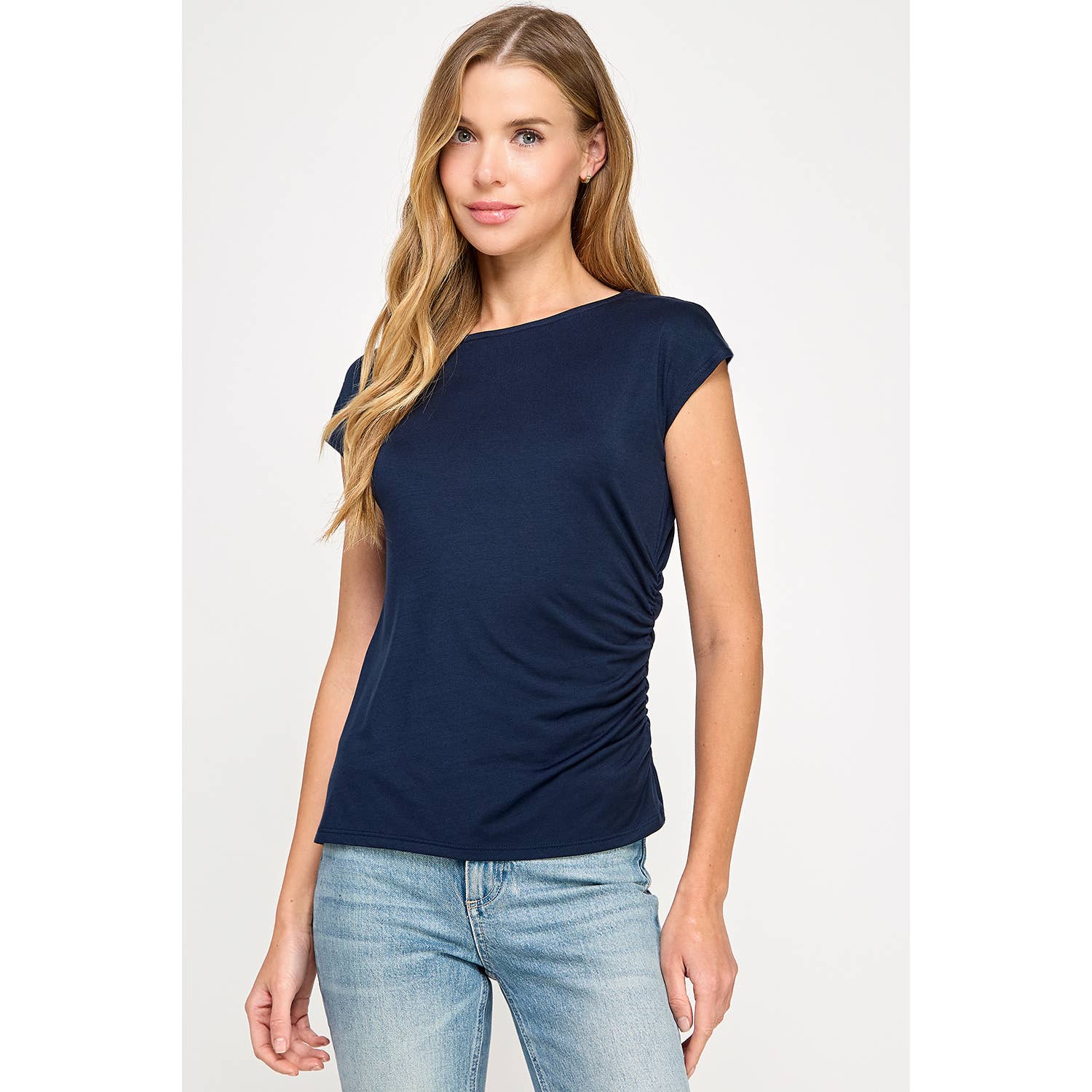 Heimious - Wholesale T-Shirt - Women's - One Side Ruched Cap Sleeve Top, T8439