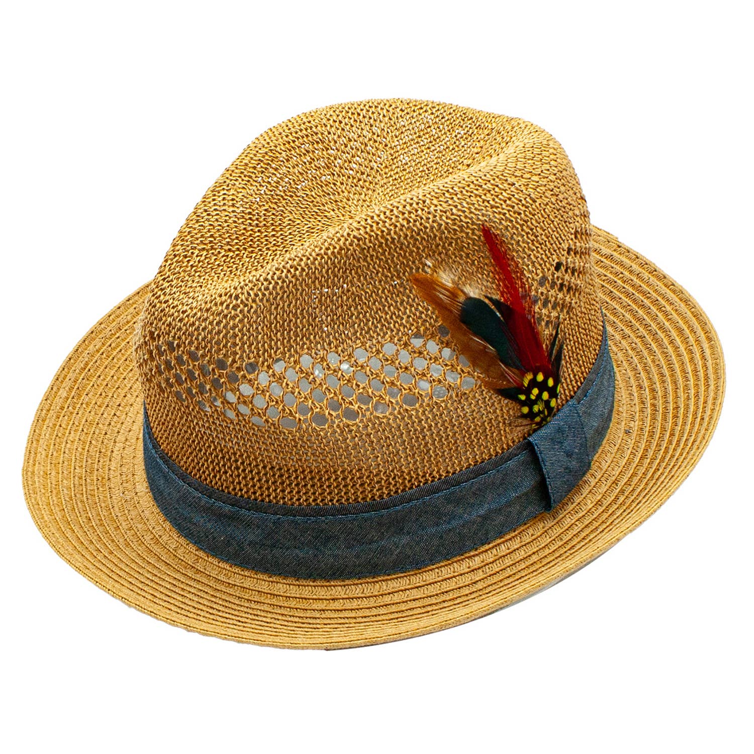 Peter Grimm - Wholesale Straw Hat - Unisex - Shelby Toyo Straw Feather Denim Band Fedora Hat0