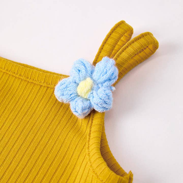 Auraquise - Wholesale Top & Short Set - Kids - Girls Summer Mustard Top Flower Denim Short Set