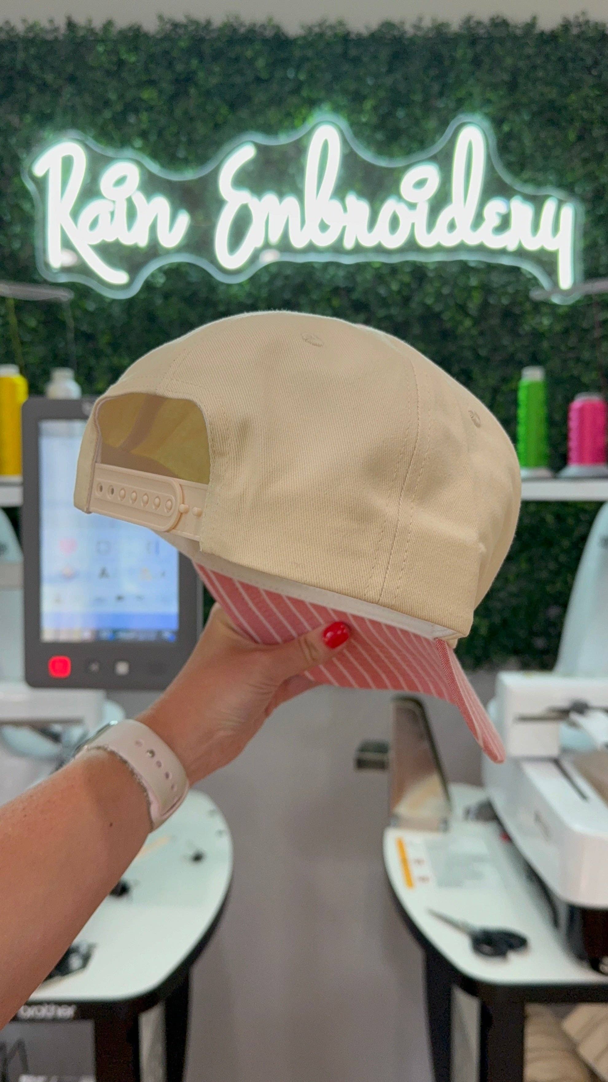 Rain Embroidery - Wholesale Trucker Hat - Women's - Pink Striped Bill (blank) Trucker Hat2