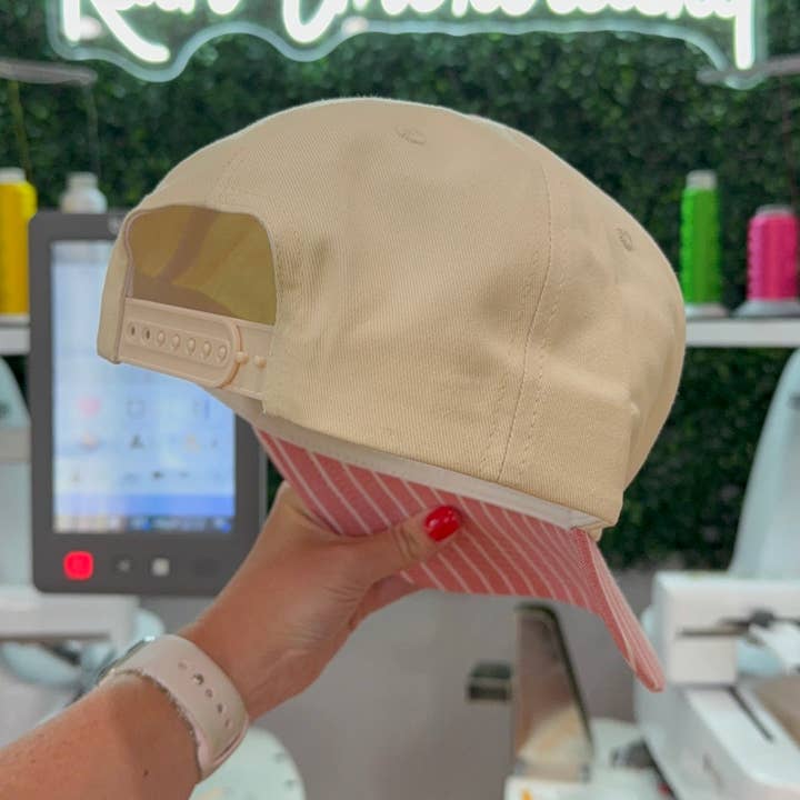 Rain Embroidery - Wholesale Trucker Hat - Women's - Pink Striped Bill (blank) Trucker Hat2