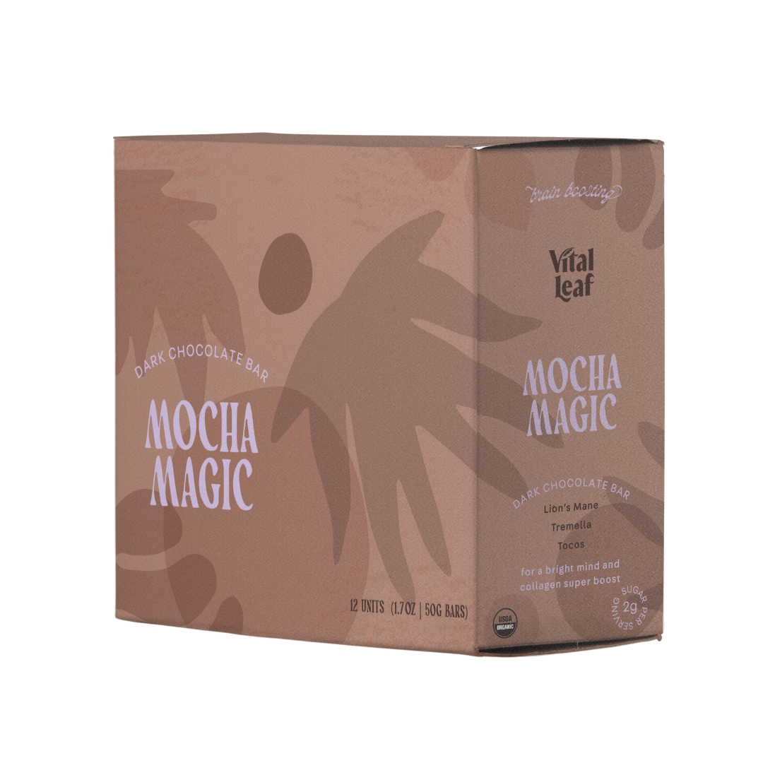 Vital Leaf - Vente Barre chocolatée - Tablette de chocolat noir Mocha Magic Mushroom pour cerveau : boîte de 12 carats6