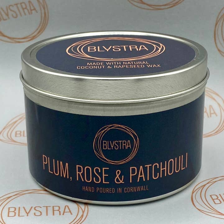 Plum, Rose & Patchouli Hand-poured Tin Candle for wholesale by Blystra candles