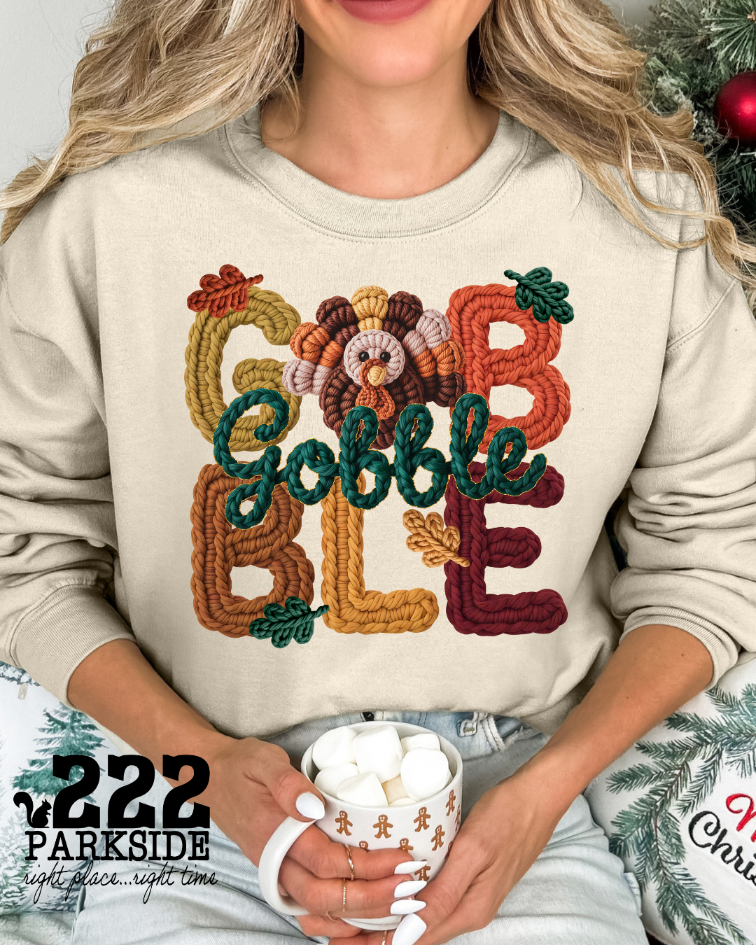 222 PARKSIDE – Camisola gráfica - Mulher por atacado – Camisola de Malha Falsa Gobble Gobble – Ambiente Aconchegante para o Dia do Peru0