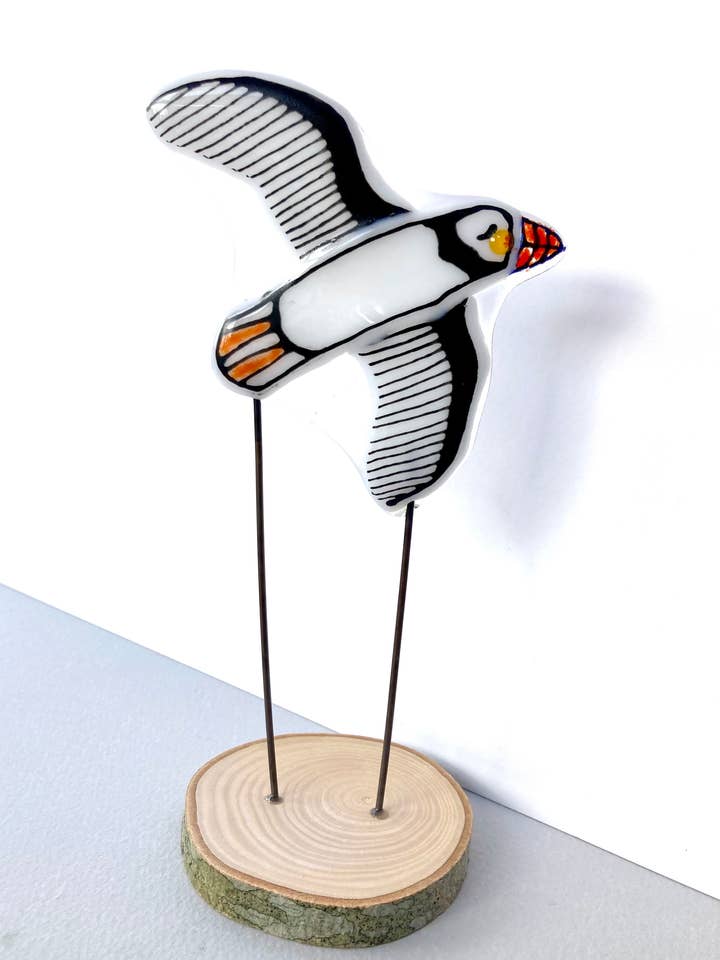 Fused Glass Flying Puffin for wholesale by Leona Stewart Glass