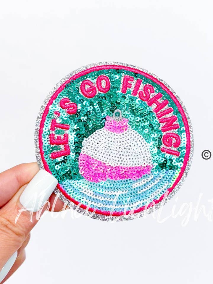 Preppy Pink Glitter Lets Go Fishing ©️ Sequin Patch for wholesale by ABLNco