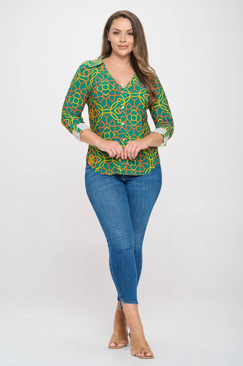 DNA Couture - Wholesale Blouse - Women's -  Plus Size Button Down Blouse - Abstract & Geometric Print4