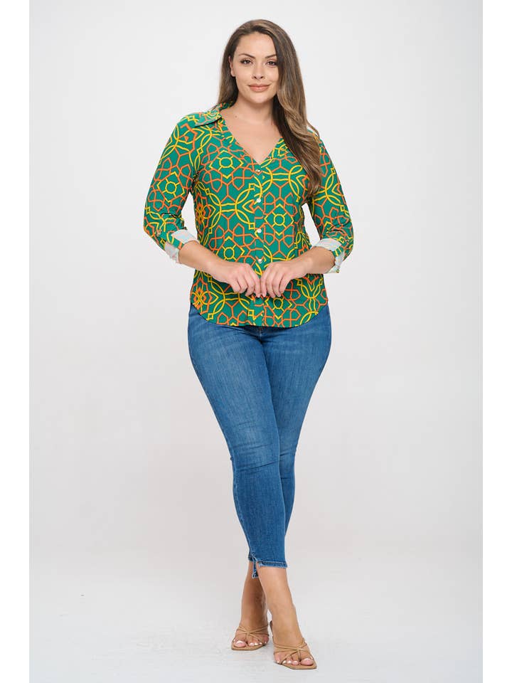 DNA Couture - Vendita all'ingrosso Camicetta - Donna - Blusa Taglie Forti con Bottoni - Stampa Astratta e Geometrica4