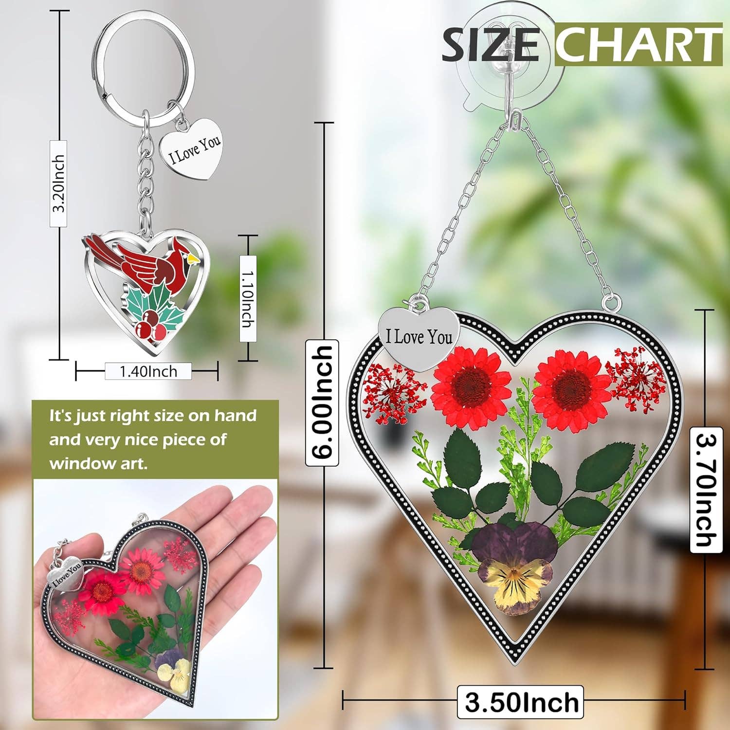 Longshinnning - Wholesale Suncatcher - Heart-Shaped Real Flower Suncatcher with 'I Love You' Keychain Gift Set8