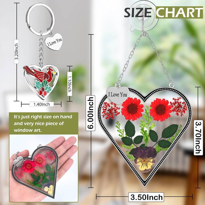 Longshinnning - Vendita all'ingrosso Acchiappasole - Set regalo con acchiappasole a forma di cuore con fiori veri e portachiavi 'Ti amo'.8