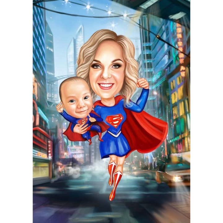 CARICATURA DI MAMMA SUPERMAN per la vendita all'ingrosso da parte di Caricature4You