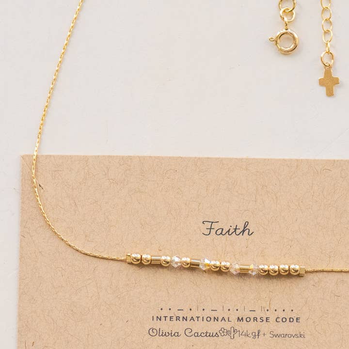 Swarovski + 14k GF Beads Necklace w/ Faith or CUSTOM Morse for wholesale by Morse and Dainty Hand Made Morse Code Dainty Jewelry