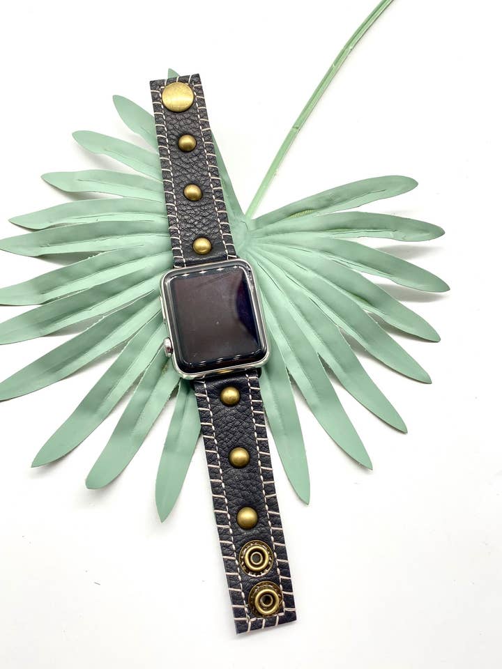 Handmade Black Leather Apple Watch Band: Rivet Accent Strap for wholesale by Rebecca Malcom LeatherWorks