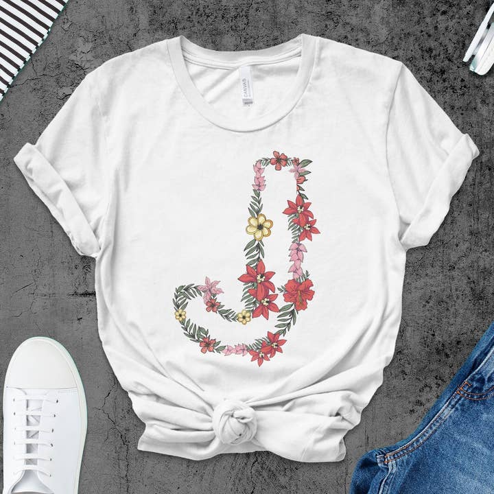 Floral Alphabet Letter J T-Shirt, Botanical Monogram Tee, Flower Initial Shirt for wholesale by FreakyTeeFactory