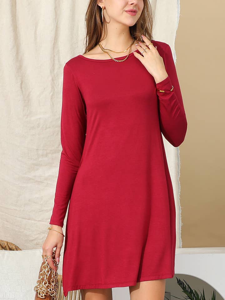 NINEXIS - Wholesale Dress - Women's - CWDSD10398_LONG SLEEVE WIDE ROUND NECK LOOSE FIT DRESS