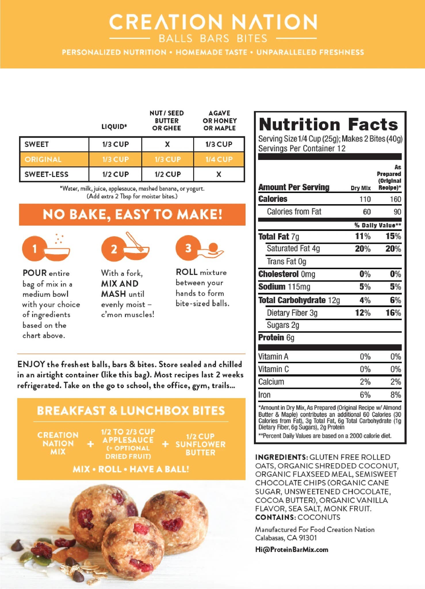 Creation Nation - Wholesale Snack bar - No-Bake Energy Bite Mix - Oat Chocolate Chip (gluten free)5