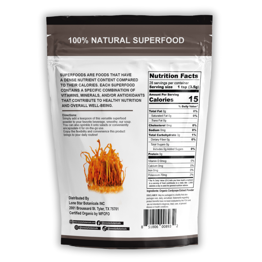 Lone Star Botanicals – wholesale Protein/superfood powder – Organic Cordyceps Mushroom Extract Powder -- 3.52 oz7