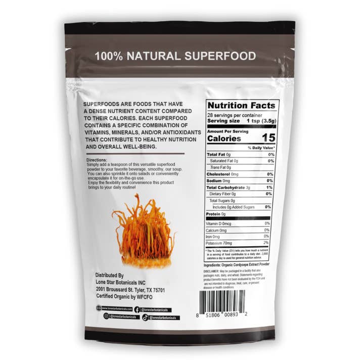 Lone Star Botanicals - Wholesale Protein/Superfood Powder - Organic Cordyceps Mushroom Extract Powder -- 3.52 oz7