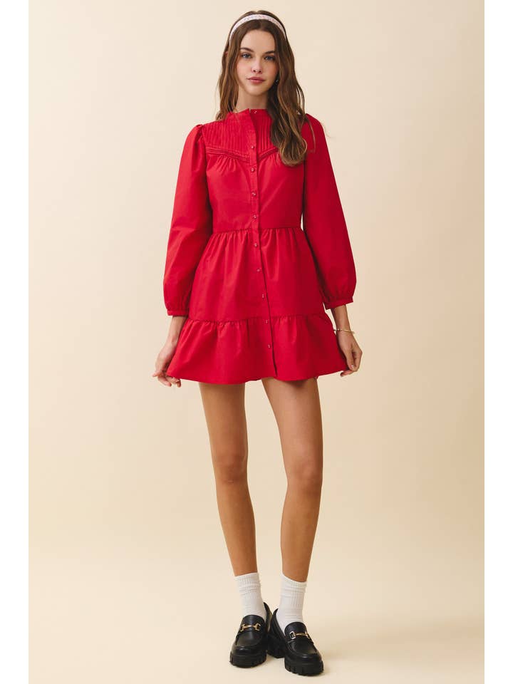 Red CD06271-Pintuck Yoke Detail Button Front Mini Dress for wholesale on Faire4