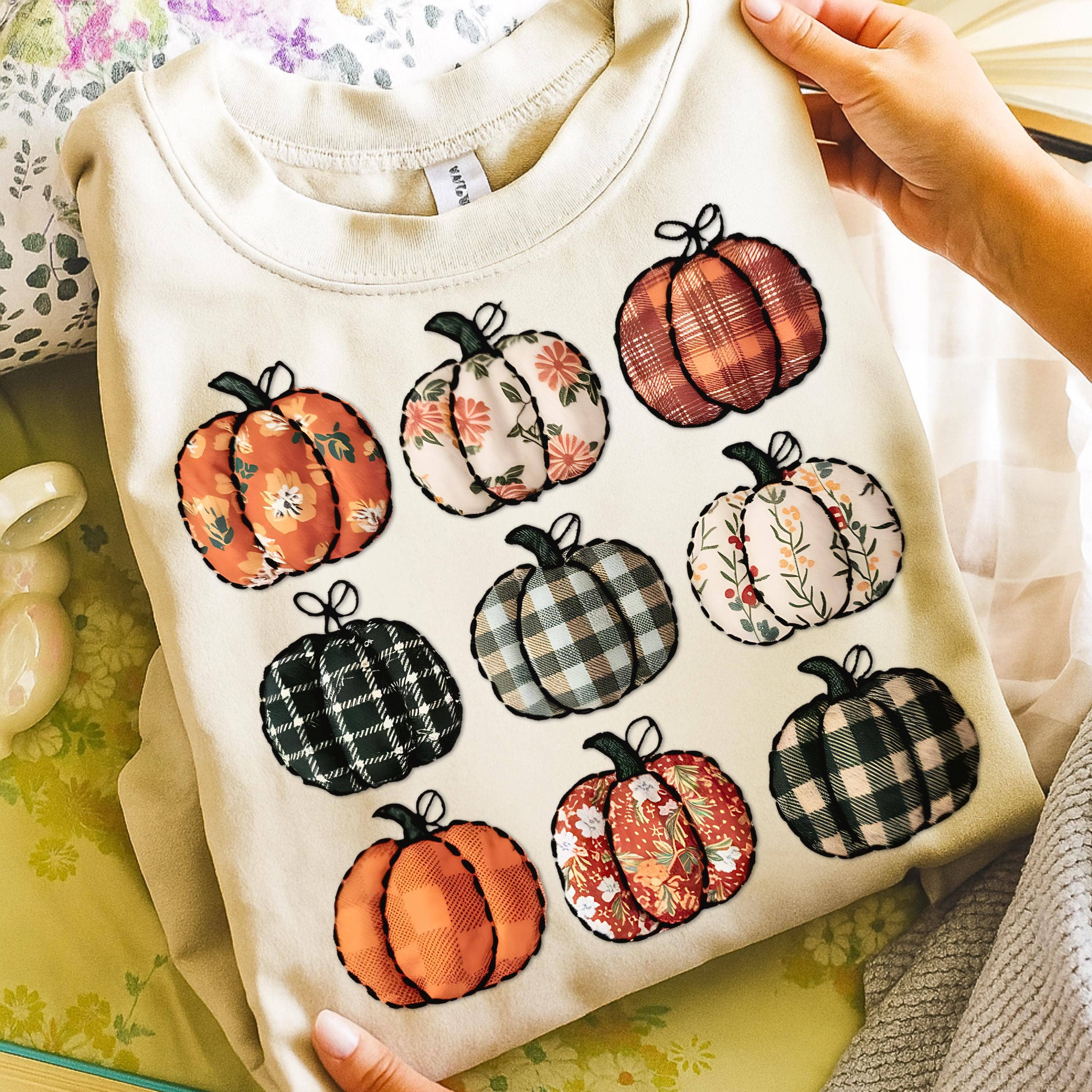 NVC Ecommerce LLC - Wholesale T-Shirt (Graphic) - Unisex - Patchwork Pumpkin Shirt, Cozy Coquette Pumpkin Sweatshirt0
