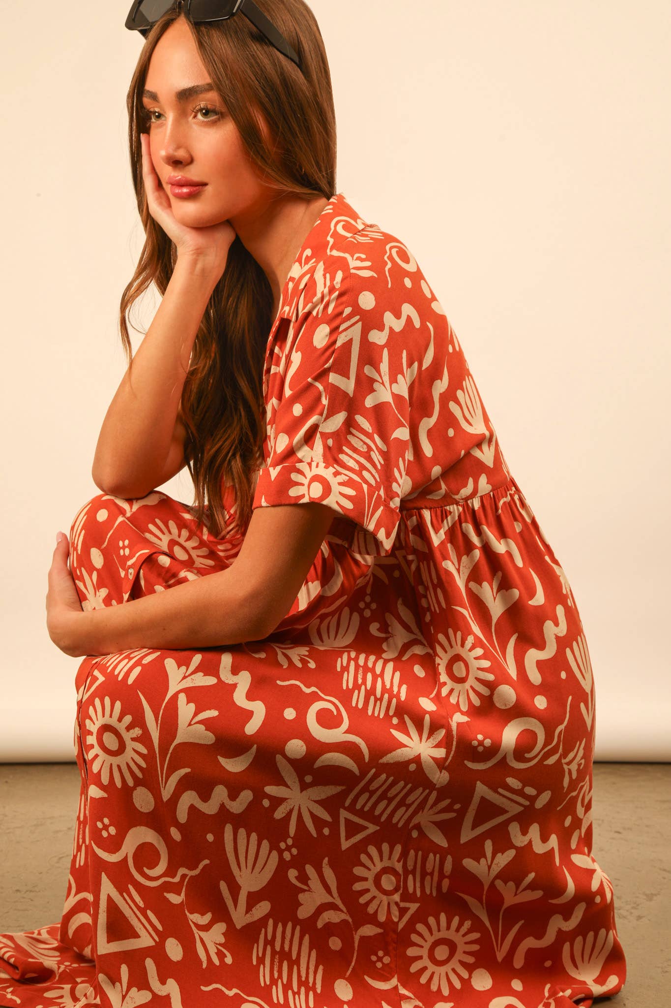 MÉLANGE COUCHER DE SOLEIL ND31583X-PLUS SIZE Robe midi à chemise imprimée surdimensionnée en vente sur Faire14