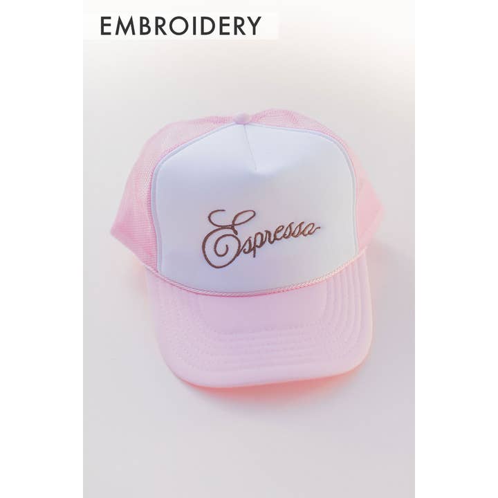 Pink White Embroidery Espresso Sabrina Carpenter Trucker Hat Cap for wholesale on Faire