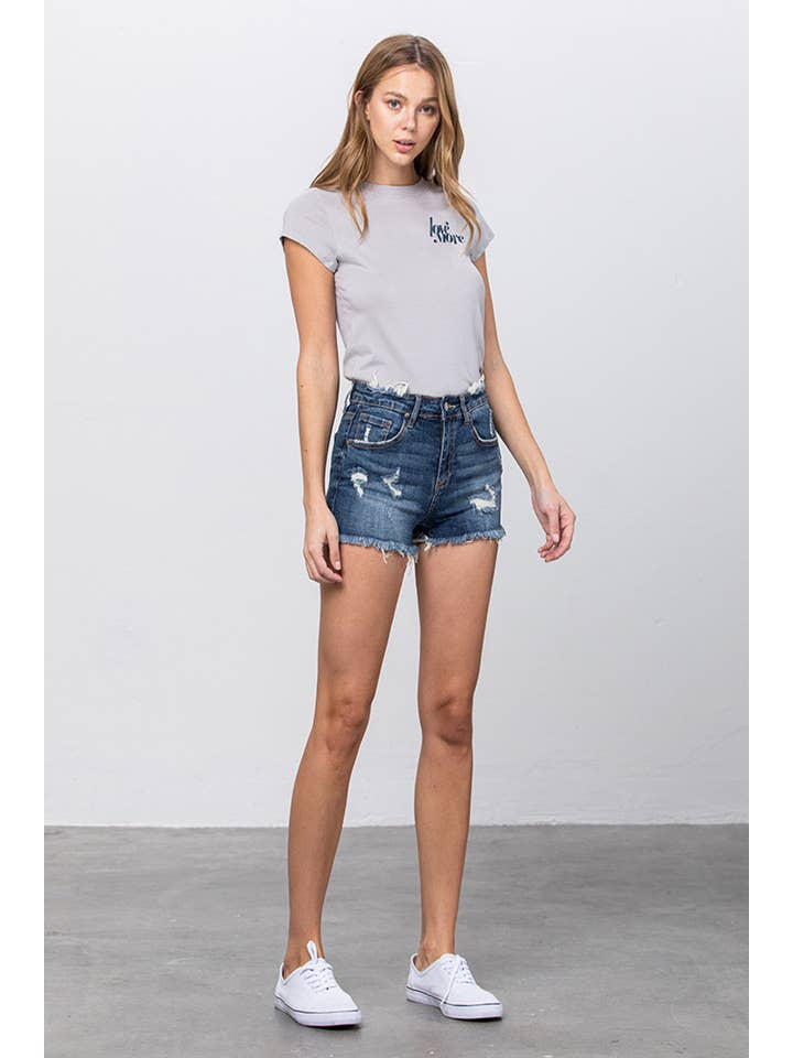 DARK Mid Rise Stretch Distressed Frayed Hem Denim Shorts for wholesale on Faire