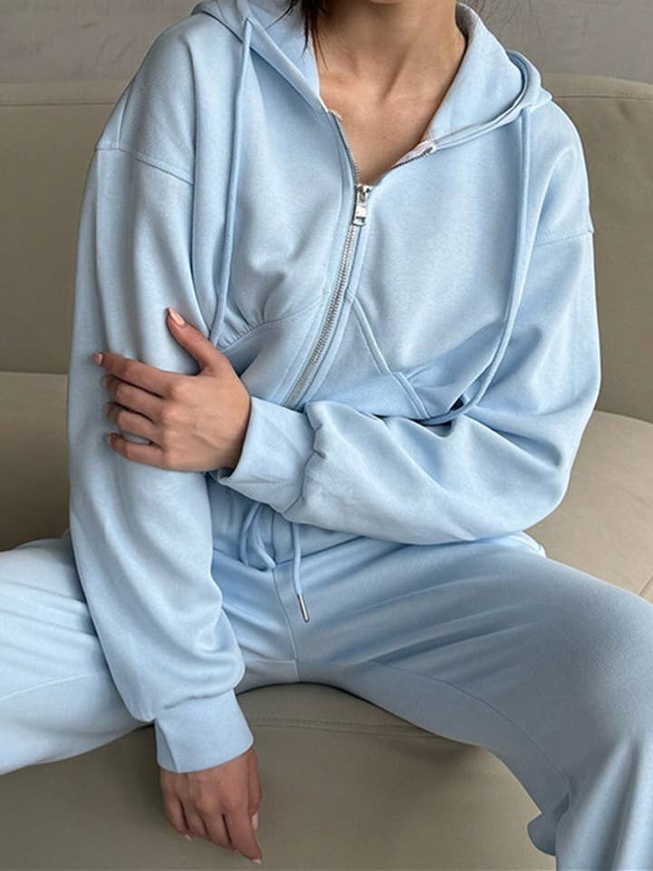 Jiawaknitart - Wholesale Lounge Set - Women's - Cropped Zip-Up Hoodie and Joggers Set4