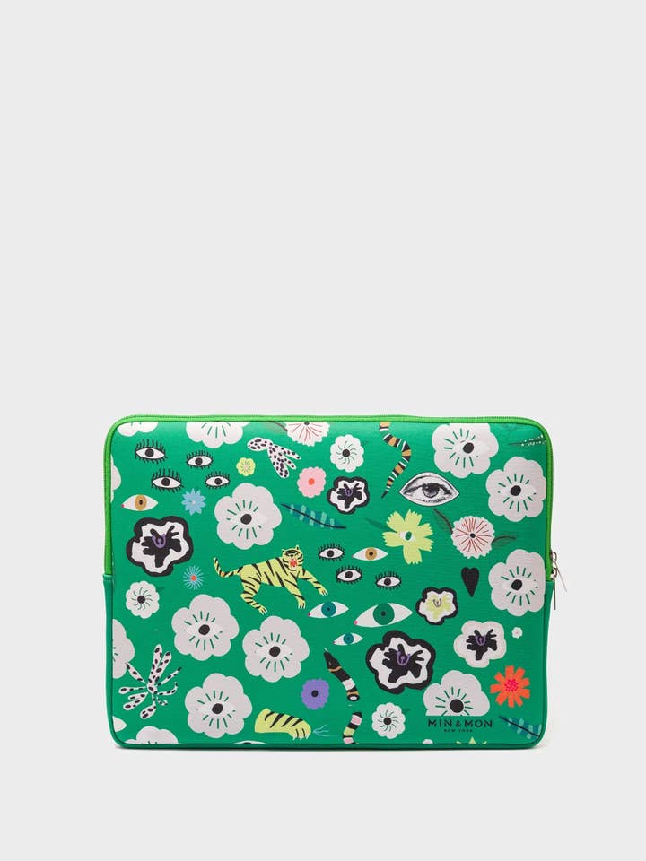 Funda para portátil de neopreno verde medio - Diseño Floralia para venta al por mayor de Min & Mon