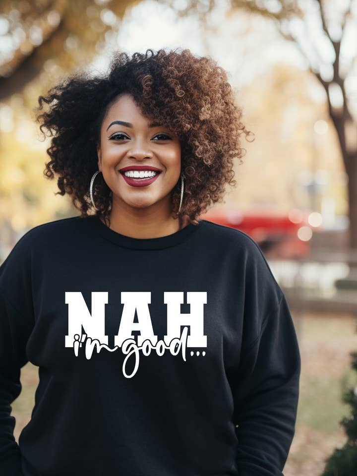 Nah I'm good glitter sweatshirt (BLACK) for wholesale by Golden Chic