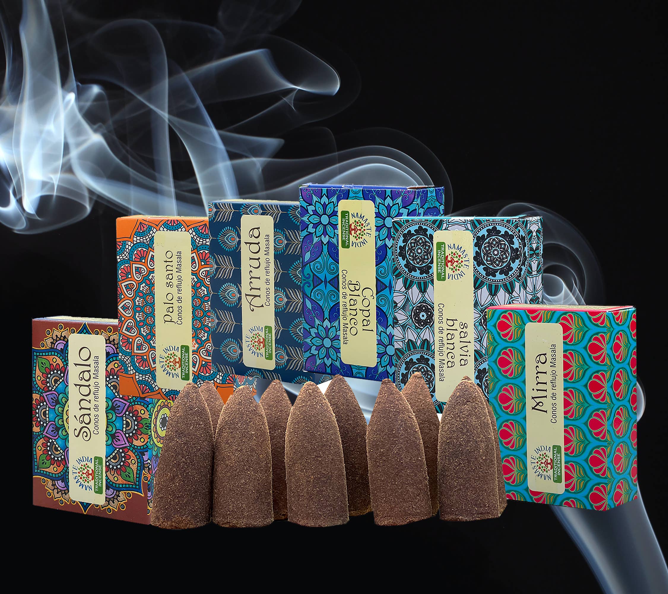 Lungta Imports - Wholesale Incense - Namaste India 6 Fragrances 60 pcs Backflow Cone Incense1