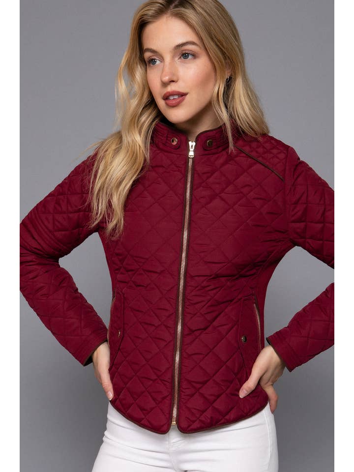 Active Basic | Active USA - Wholesale Puffer Jacket - Women's - Suede Piping Detail Rib Quilted Padding Jacket