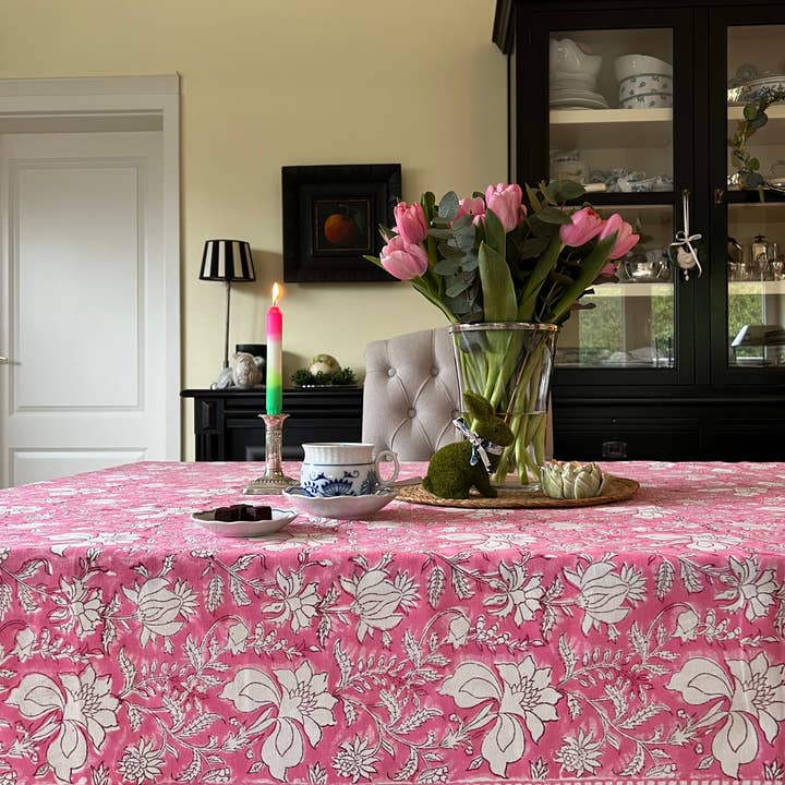 Tischdecke Blockdruck Blumen Rose/Weiß für den Großhandel von Pink Tuk Tuk