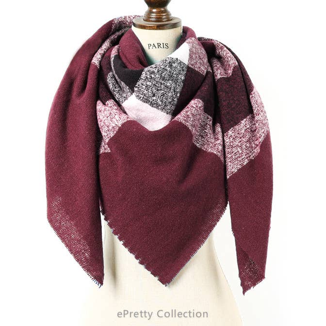 ePretty – wholesale Scarf – Women's – TT19144 Wine/Black/White Classic Plaid Square Blanket Scarf0